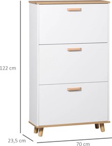 HOMCOM Skandináv Stílusú Cipőszekrény Cipőtartó 3 Felcsapható Ajtóval - Faerezet Hatás - 70 x 23.5 x 122 cm - Fehér | Aosom