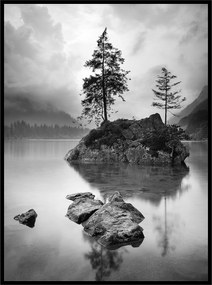 Poszter 50x70 hegycsúcs völgy erdő köd tó