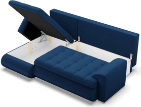 Tokio sarokkanapé, 2 ágyneműtartóval, bársony, baloldali, kék