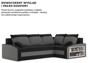 Grande sarokkanapé polcokkal , polc a jobb karfaban, jobboldali, szövet anyag, hab töltet, fekete - szürke