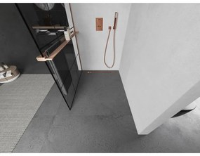 Mexen Kioto+, Walk-In zuhanyparaván polccal és akasztóval 120 x 200 cm, 8 mm átlátszó üveg fekete mintás, réz matt profil, 800-120-121-65-77