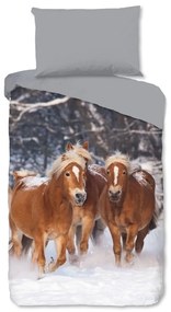 Szürke egyszemélyes flanel gyerek ágyneműhuzat 140x200 cm Happy Horses – Good Morning