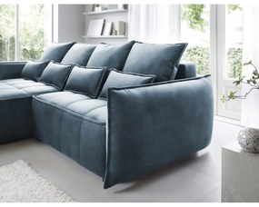 Kék bársony kinyitható-tárolóhelyes sarokkanapé (bal oldali-heverő résszel) Campo – ELTAP