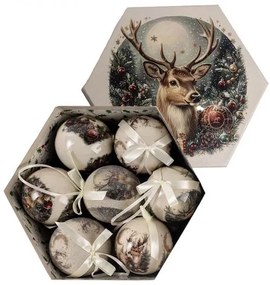 Vintage Gömb karácsonyfadísz díszdobozban - 14 darabos 7,5 cm - rénszarvasos