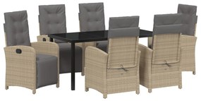 7 Darabos Kerti Étkezősor Párnákkal Bézs Poli Rattan, Kerti Asztal Fekete 160x80x73 cm Edzett Üveg