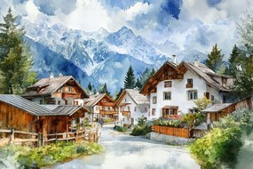 Vászonkép Canvas Tájkép Képeslap Alpok Város Hegyek Falu 60x40