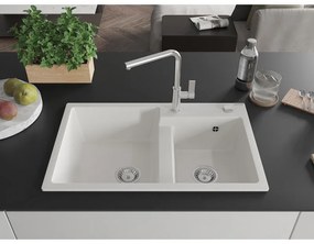Mexen Tomas, 2 kamrás gránit mosogató 800x500x190 mm és Flora mosogató csaptelep, fehér, 6516-20-670401-00