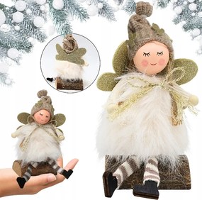 Karácsonyi angyalka baba ül a fatörzsön fehér 8x13cm ajándék dekoráció