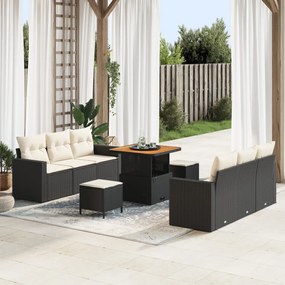 9 darabos kert sofa készlet párnákkal fekete poly rattan akácia, 3 darabos kert étkező készlet párnákkal fekete poly rattan akácia