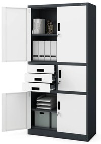 Fém iratszekrény széffel és fiókokkal FILIP II, 900 x 1850 x 400 mm, antracit-fehér