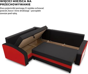 Grande sarokkanapé polcokkal , polc a jobb karfaban, baloldali, szövet anyag, bonell töltet, fekete - piros