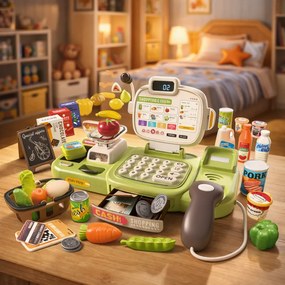 Intelligens pénztárgép gyerekeknek, 77 darabos, szkennerrel, hangvezérléssel, szállítószalaggal, mérleggel és élelmiszerekkel