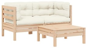 vidaXL 3 részes tömör fenyőfa kerti ülőgarnitúra krémszínű párnákkal