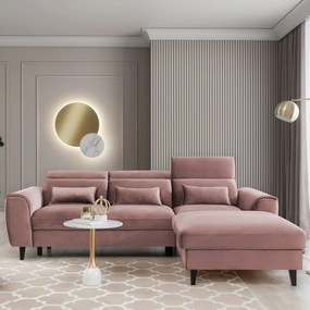 Rózsaszín bársony kinyitható-tárolóhelyes sarokkanapé (jobb oldali-heverő résszel) Foble – ELTAP