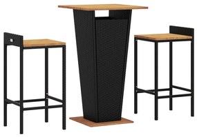 3 részes fekete polyrattan és tömör akácfa kerti bárszett