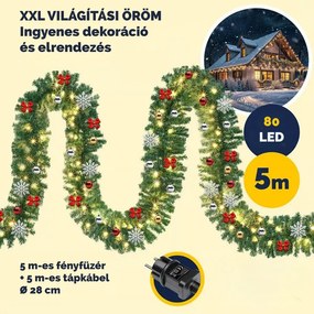 ANDREA karácsonyi girland távirányítós világítással, díszített, 5 m, zöld Casaria