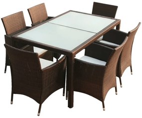 7-részes barna kültéri polyrattan étkezőszett párnákkal