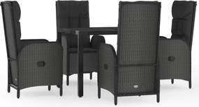 vidaXL 5 részes fekete polyrattan kerti étkezőgarnitúra párnákkal