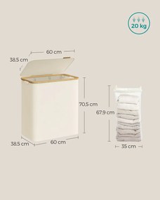 Szennyestartó Oxford szövet, 150L, kivehető hálós zsák, bambusz fogantyú krémfehér