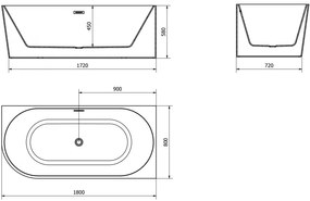 Mexen Mia, szabadon álló sarokkád, jobb, 180 x 80 cm, fehér, grafit túlfolyó, 52691808000P-66