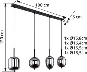Globo 15345-4 Függeszték fekete fém váz, füstszínű 4 különböző méretű, és formájú üvegbúrával. HxSZxM1000x185x1200, exkl. 4xE14 40W 230V