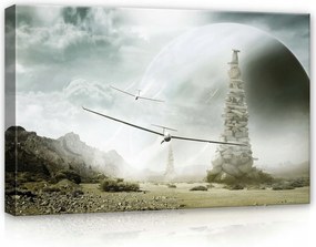 Vászonkép 60x40 Tájkép fantasztikus szürrealizmus bolygó torony kozmosz sivatag