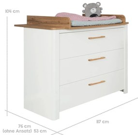 Fehér alacsony gyerek komód pelenkázó feltéttel tölgyfa dekorral 119x100 cm Ava – Roba