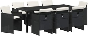 vidaXL Kert étkező szett párnával 9 pcs Fekete polirattan