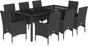 vidaXL 9 részes fekete polyrattan/üveg kerti étkezőgarnitúra párnákkal