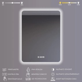 Álló fürdőszobai LED tükör 60x80cm | Páramentesítő funkció - Beépített óra - Fényerő és színhőmérséklet szabályozás | Welland Luxury-Line G790