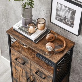 Tárolószekrény, komód fiókkal és állítható polccal – rusztikus barna–fekete színben