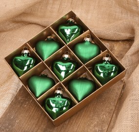 Üveg szív zöld 6,5cm- 9 db arany csomagolásban