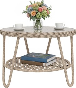 Outsunny kültéri PE rattan kerti oldalasztal edzett üvegtetővel, horganyzott fémvázzal, 65 x 65 x 50 cm, sárga | Aosom