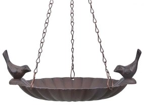 Felakasztható öntöttvas madáretető és itató, két kismadárral