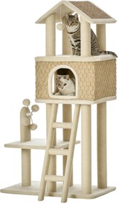 PawHut Macskafának és Kaparónak 130 cm Magas Macskabújóval és Játék Labdákkal, Juta Oszlopokkal, Nagy Platformmal, Forgácslapból készült Puha Khaki+Be