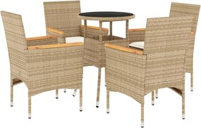 vidaXL 5 részes bézs polyrattan/üveg kerti étkezőgarnitúra párnákkal