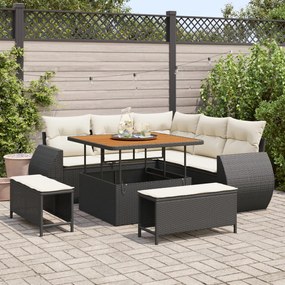 8 Részes Kerti Sofabútor Párnákkal Fekete Poli Rattan Akáciával