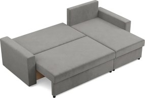 Zeus sarokkanapé, 2 ágyneműtartóval, egyenes kartámasz, bársony, univerzális oldal, hab töltet, világosszürke