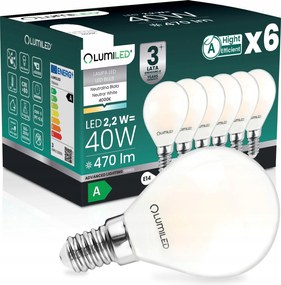 6 db E14 Led Filament Izzó A Osztály 2,2W 470LM 40W 4000K 360° Gömb