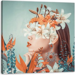 Vászonkép Nő Virágok Levelek Természet 90X90 cm Ajándéknak is tökéletes