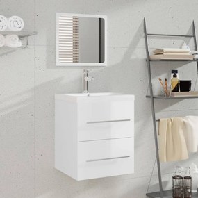 Magasfényű fehér szerelt fa mosdószekrény beépített mosdóval