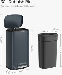 Konyhai szemetes 30L, acél pedálos szemetes, füstszürke