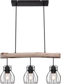 Globo 15326-3N Függeszték fém fekete drótháló búrával, natúr fa betéttel. LxBxH:600x136x2090, exkl. 3xE27 40W 230V