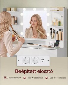 VASAGLE Kailyn LED-es fésülködőasztal tükörrel és töltőállomással, felhőfehér