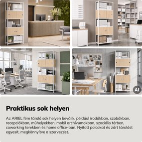 Iratrendező polc zárható szekrénnyel, irodai, nyitott polcok, fém fehér/sonoma tölgy, 800x2200x400 mm: ARIEL Eco Design