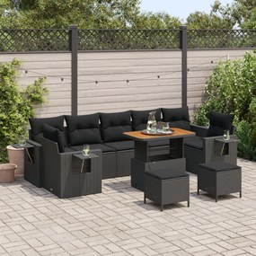 10 Darabos Kert Kanapészett Párnákkal Fekete Poli Rattan Akác, 3 Darabos Kert Étkező Szett Párnákkal Fekete Poli Rattan Akác
