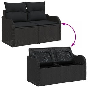 8 részes kerti szófa szett párnákkal Fekete Poli Rattan Akácia, 2 személyes kerti szófa tárolóval és párnákkal Fekete Poli Rattan