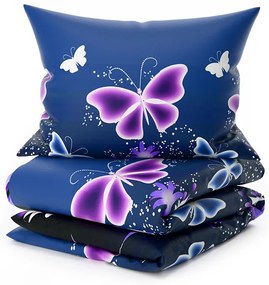 Mikroplüss ágyneműhuzat szett VIOLET BUTTERFLY sötétkék + mikroplüss lepedő SOFT 180x200 cm fehér, dupla ágyhoz