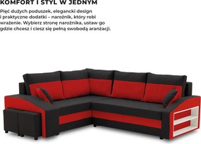 Grande sarokkanapé polcokkal és puffokkal , polc a jobb karfaban puffok a bal karfaban, baloldali, szövet anyag, hab töltet, fekete - piros