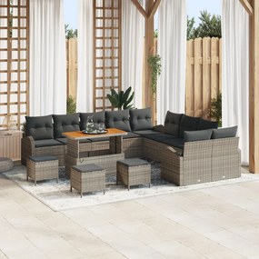 13 darabos kertibútor szett párnákkal, szürke poli rattan és akácia, 2 fős kertibútor párnákkal, szürke poli rattan, 3 darabos kertipohár szett párnákkal, szürke poli rattan akáciával